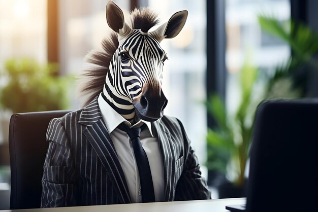 Фото Бизнес-зебра в костюме сидит за столом в офисе генеративный ии