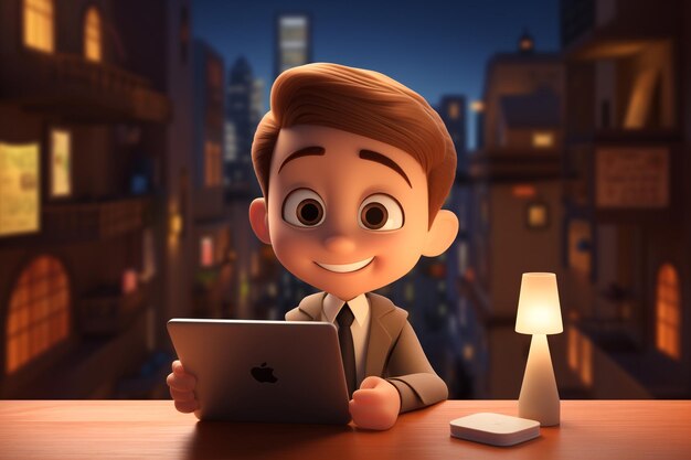 Photo businessman 3d cartoon character working on desk in night light