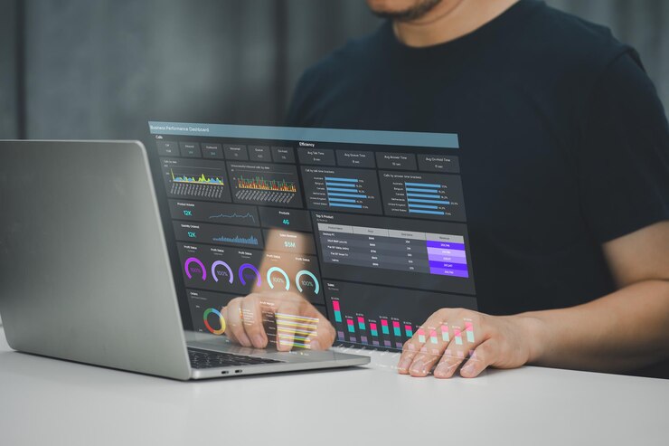 Photo a businessman or accountant using laptop to analyze financial investments and business and marketing growth on a data graph the concepts of accounting economics and commercial analysis