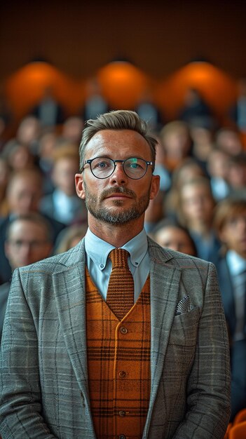 A businessman addresses a group of people during a conference seminar or consulting meeting in a hall or seminar room