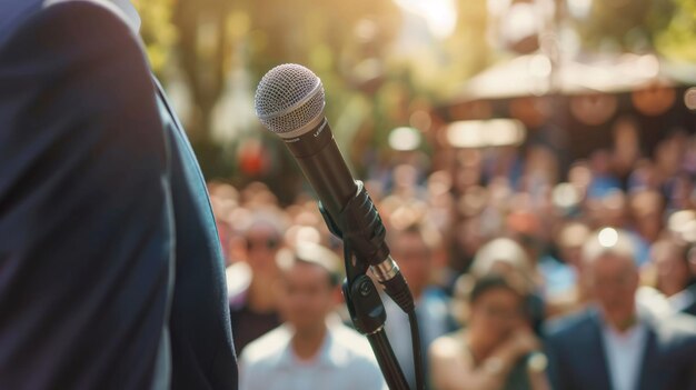 Photo businessman addressing crowd with microphone