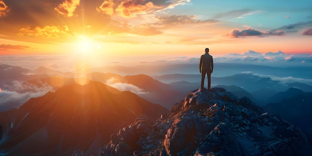 A businessman admiring a stunning sunset from the top of a mountain Concept Landscape Photography Travel Success Nature Business