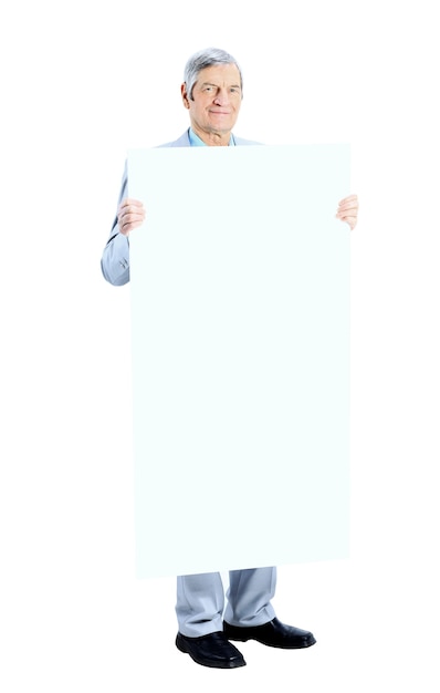 Photo businessman at the age holds white poster.