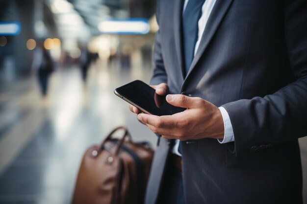 Businessman at airport with smartphone and suitcase checking emails before boarding