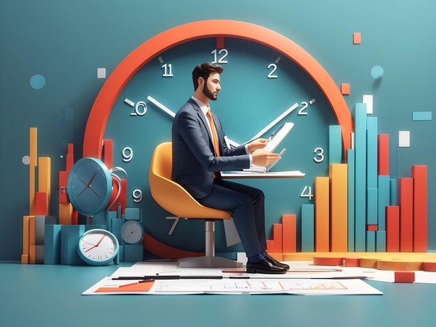 Businessman analysis digital data time management Flat design concept 3D rendering