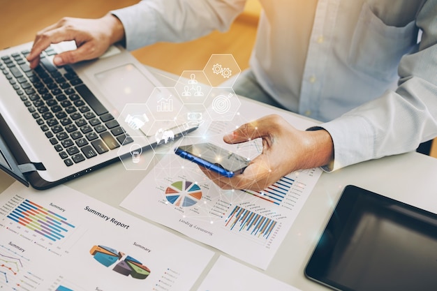 Photo businessman analysis financial marketing with ai digital technology for startup business