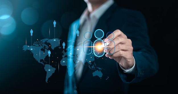 Businessman analyzes global business sales marketing system Customer Service Employment and Leadership Business CRM Customer Relationship Management concept