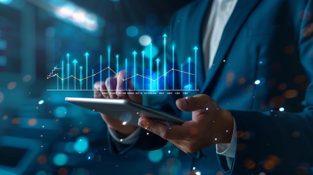 A businessman analyzing a bar graph on a digital tablet strategizing for business growth and success in a modern corporate setting