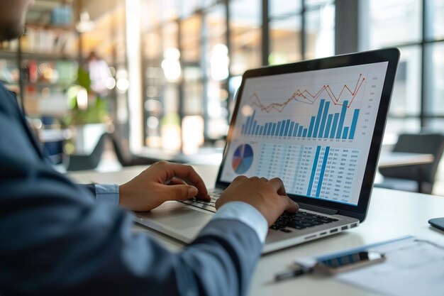 бизнесмен анализирует бизнес-диаграмму и маркетинговую статистику на мониторе ноутбука в офисе