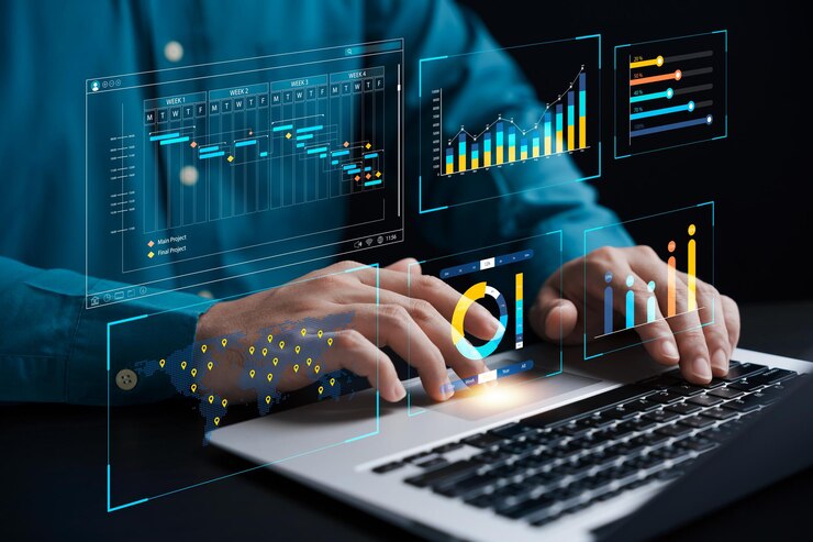 Photo businessman analyzing business enterprise data management business analytics with charts metrics and kpis to improve organizational performance marketing financial organization strategy
