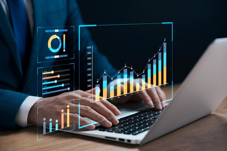 Photo businessman analyzing business enterprise data management business analytics with charts metrics and kpis to improve organizational performance marketing financial organization strategy