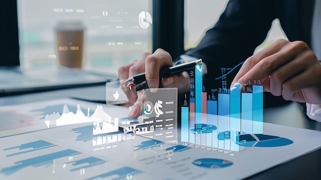 businessman analyzing business Enterprise data management business analytics with charts metrics