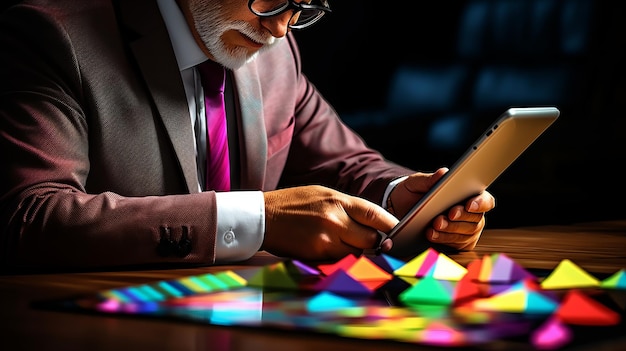 Foto uomo d'affari che analizza blocchi di piramide 3d colorati mentre usa un tablet