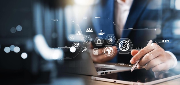 Businessman analyzing companys financial balance sheet working with digital augmented reality
