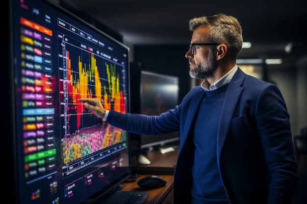 Businessman analyzing data displayed on computer screens in office trading investitions