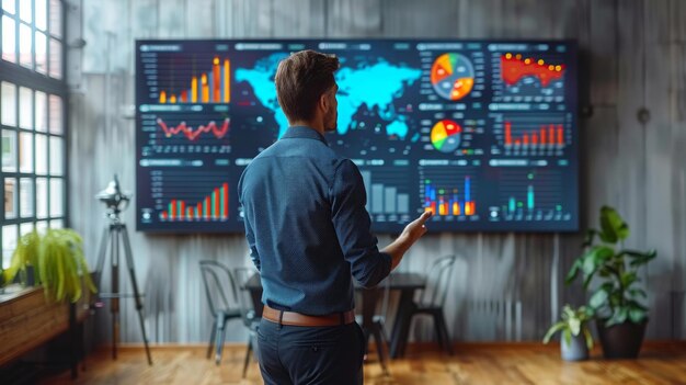 Businessman Analyzing Data on Large Screen in Office