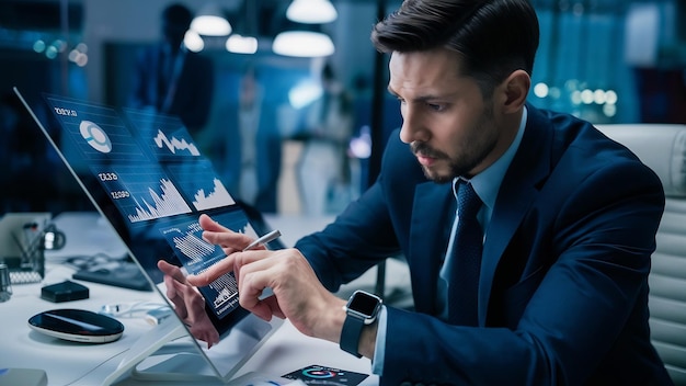 Businessman analyzing graphs with technologic devices