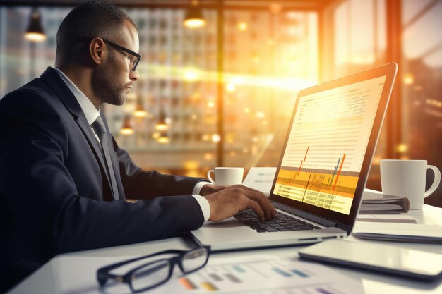 Businessman analyzing investment charts with laptop in office Double exposure Tax concept Businessman analyzing financial data with a calculator and laptop AI Generated