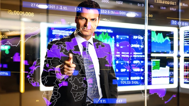 Businessman analyzing line graph finance data with a touch screen by generative AI