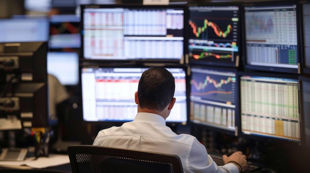 Businessman analyzing stock exchange screens