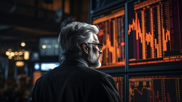 Businessman analyzing stock market data on computer monitor Investment and trading concept