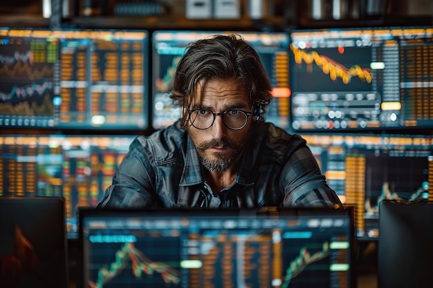 Businessman analyzing stock market data on multiple computer screens in a dark office