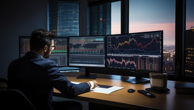 Businessman analyzing stock market data on multiple monitors while sitting in office