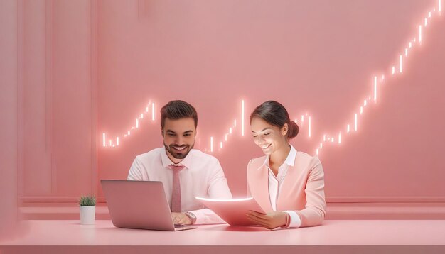 Фото Бизнесмен и бизнесменка сидят за столом с ноутбуком и цифровым планшетом