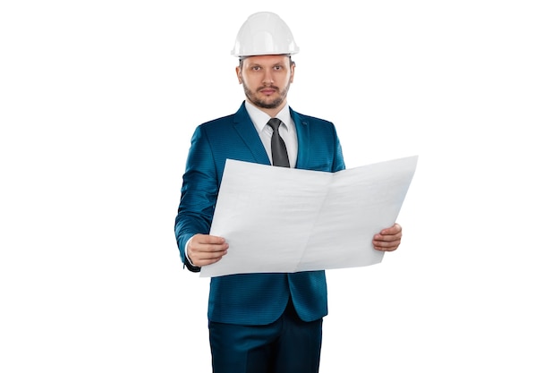 Businessman architect with a white helmet on his head