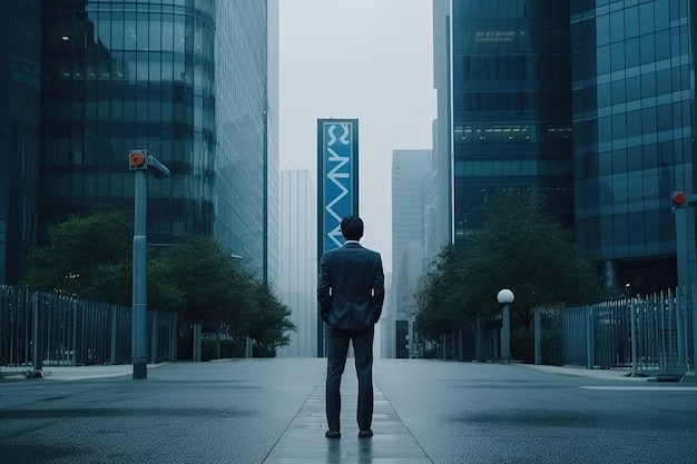 A businessman back and in front of him signs indicating businesses and buildings