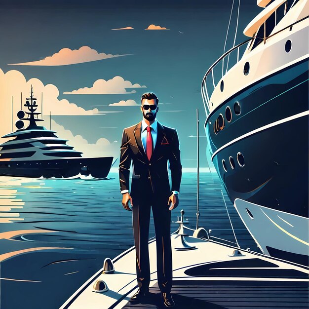 Businessman on the background of a yacht