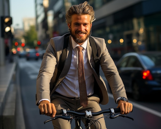 ロードシティの背景で自転車で仕事に行くビジネスマン