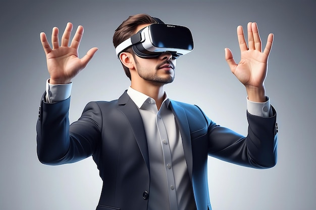 ビジネスマンビリーが仮想現実メガネを使って VR インターフェイスに触れる 3D イラスト