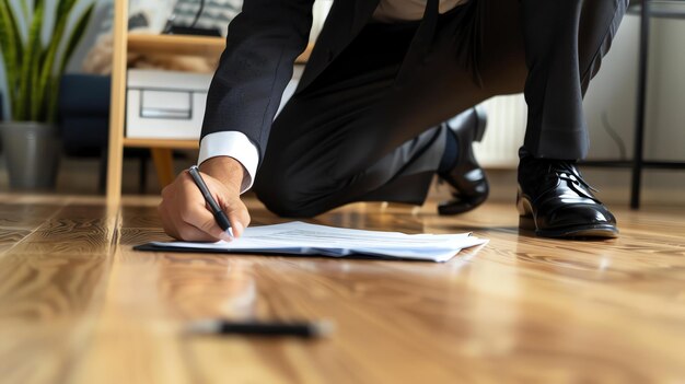 Businessman in black suit kneeling on the floor and signing a contract