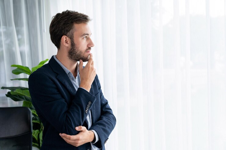 Photo businessman in black suit stand confidently in modern office portrait entity