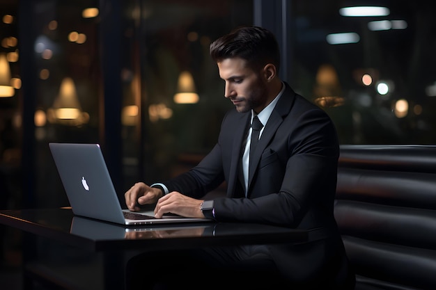 オフィスのテーブルでインターネットサーフィンをするラップトップコンピュータでタイピングをする黒いスーツを着たビジネスマン