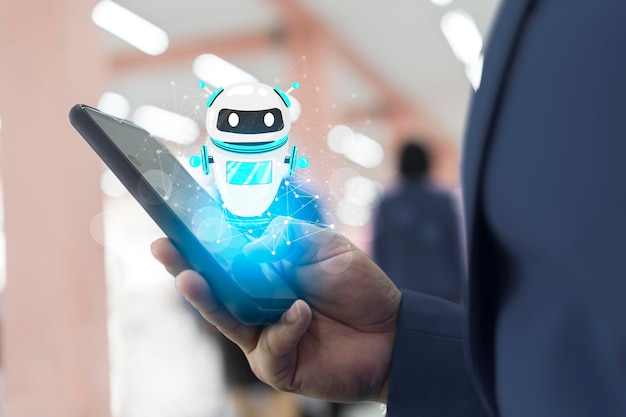 Businessman on blurred background using digital chatbot robot application 3d rendering