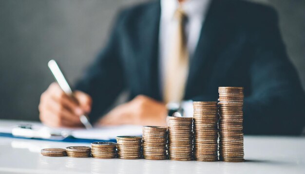 Photo businessman in a blurred black suit signs documents in the background in the foreground coins are