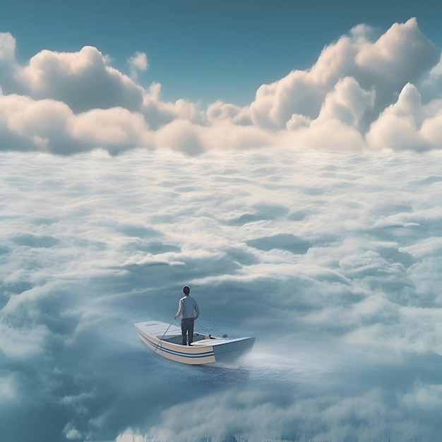 Businessman in boat on the clouds 3D Rendering