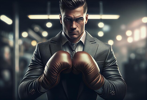 Businessman boxing gloves fighting pose