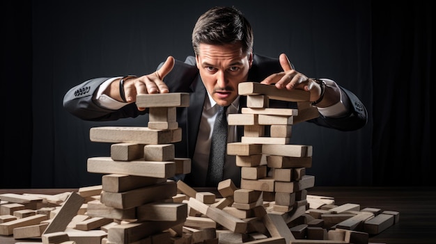 Photo businessman building the model of business made from wood blocks alternative risk concept insurance concept created with generative ai technology