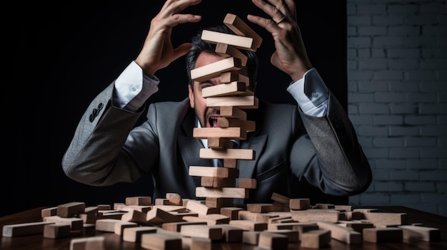 Photo businessman building the model of business made from wood blocks alternative risk concept insurance concept created with generative ai technology