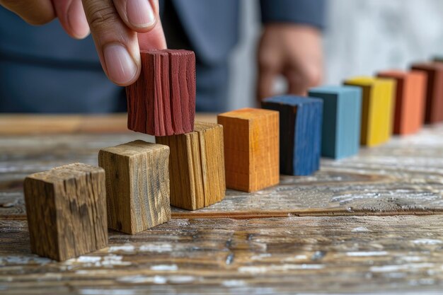 Foto un uomo d'affari che costruisce una fila di cubi colorati