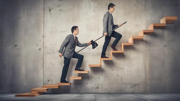 Businessman building a staircase for another entrepreneur to climb up