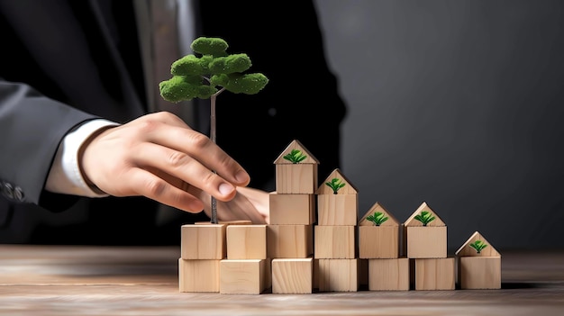 Businessman building a tower of wooden blocks with a green tree in the center Enviroment concepts