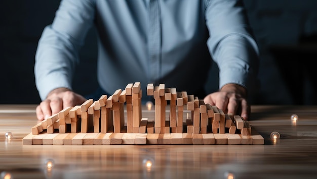 Businessman builds a tower of wooden dominoes Risk management concept