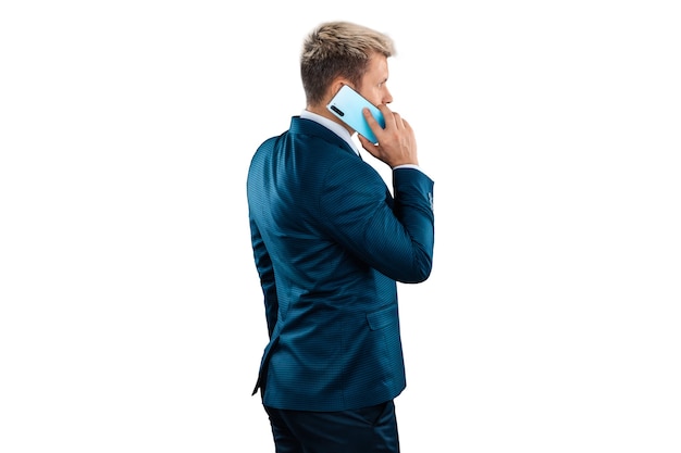 Businessman  in a business suit talking on the phone isolated