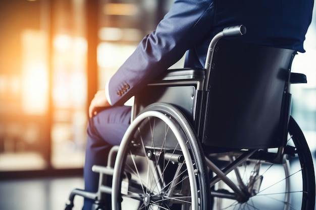 Businessman in a business suit in wheelchair View from the back