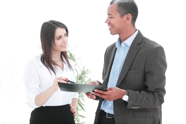 Businessman and business woman discussing the terms of the contract.business concept