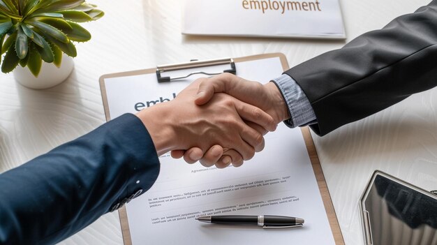 Photo businessman and business woman shaking hands after signing contract